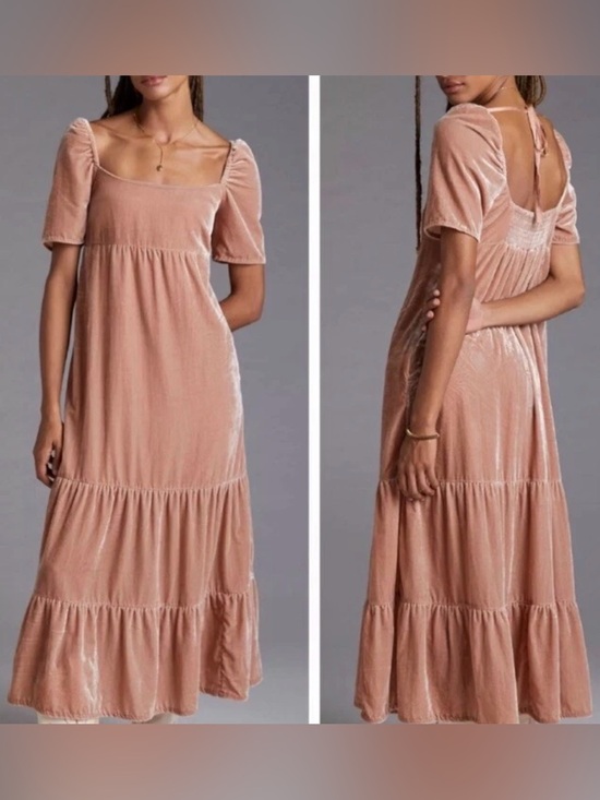 Dresses & Skirts - Anthropologie 22W Blush Pink Velvet Empire Waist Midi Plus Dress EUC 3X As-Is